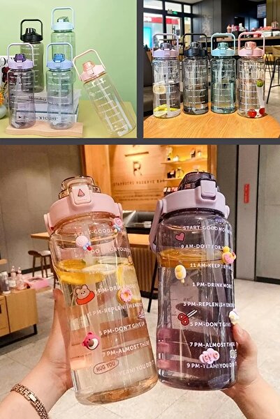 Berdina Home 3'lü Yeni Şeffaf Motivasyon Kokusuz Stickerlı Spor Suluk Matara Pipetli Taşınabilir Su Şişesi Renkli