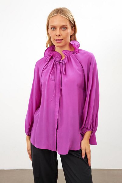 Setre Fuchsia Neck and Sleeve Gathered Shirt with Tie Detail