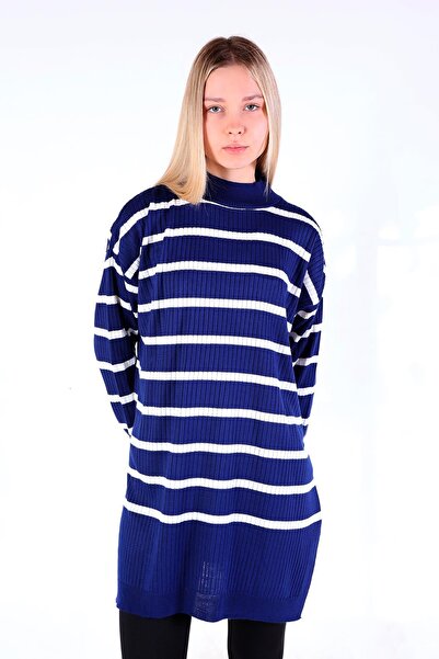 Rays 5415 Model Striped Turtleneck Tunic - Navy