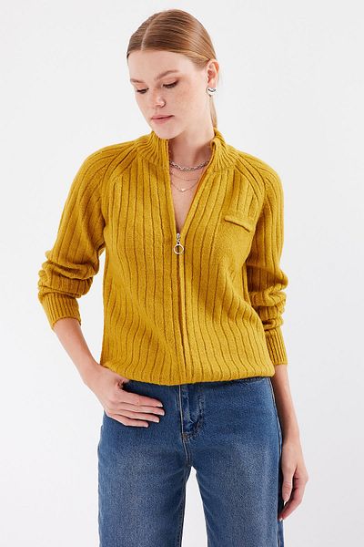 Bigdart 15880 Model Mustard Color Zippered Knitwear Cardigan