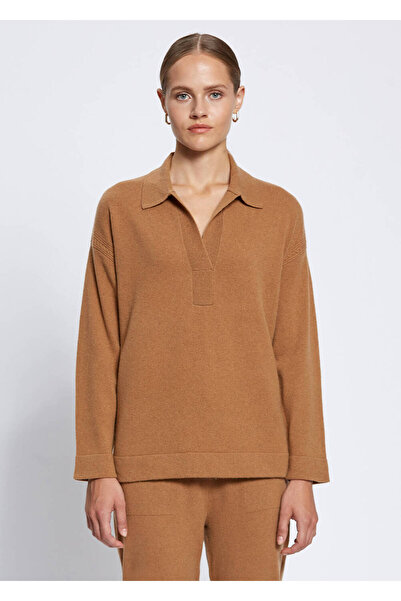 Knitss Πλεκτό πλεκτό πουλόβερ με λεπτομέρεια πλεξούδας με λαιμόκοψη πόλο από καμέλ κασμίρ