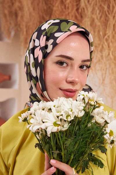 İpekhan Ipekhan Flowers Μαύρο Κόκκινο Βαμβακερό Κασκόλ βισκόζης 1122-08
