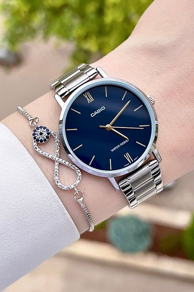 Casio Women's Wristwatch with Navy Blue Dial and Metallic Color Band, 24 Months Warranty