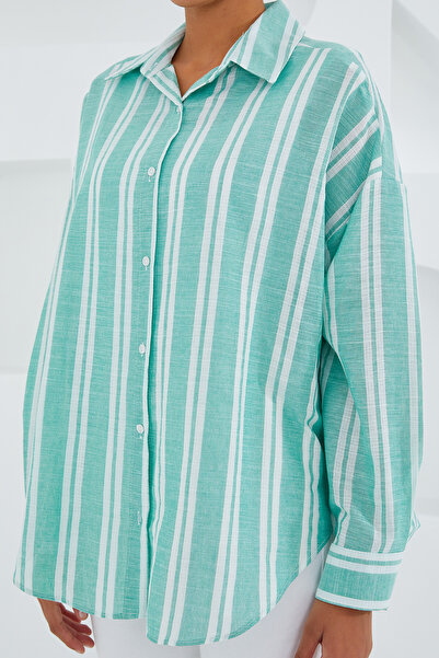 Bigdart Women's Mint Green White Striped Oversize Linen Shirt 20251