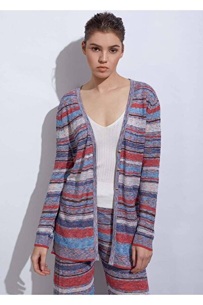 Knitss Taşlı Düğmeli Mavi Kırmızı Triko Hırka