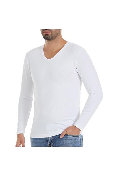 YILDIZ 350 White Lycra V-Neck Long Sleeve Men's T-shirt