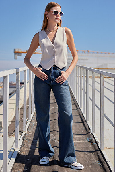 Bigdart 6794 Çizgili Dokuma Yelek - Bej