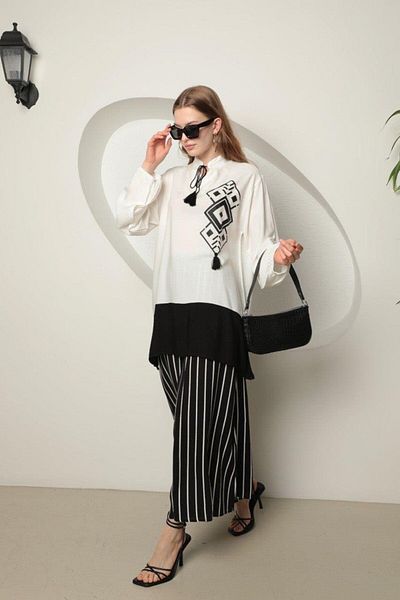 Cardella Viscose Fabric Black and White Striped Dressed Pants Double Set