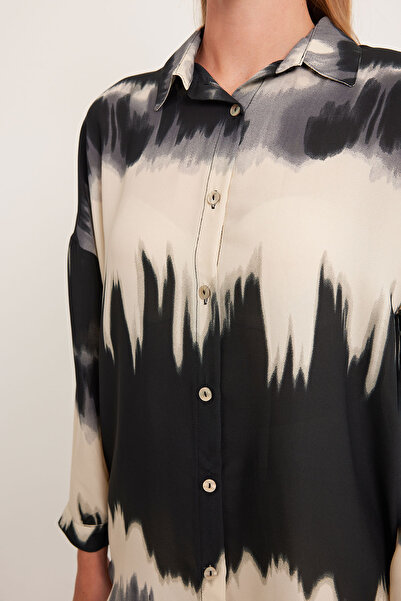 Bigdart Kadın Turuncu Siyah Desenli Oversize Gömlek 5923