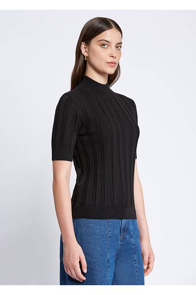 Knitss Top cu mânecă scurtă cu gât țesut din lână merinos neagră