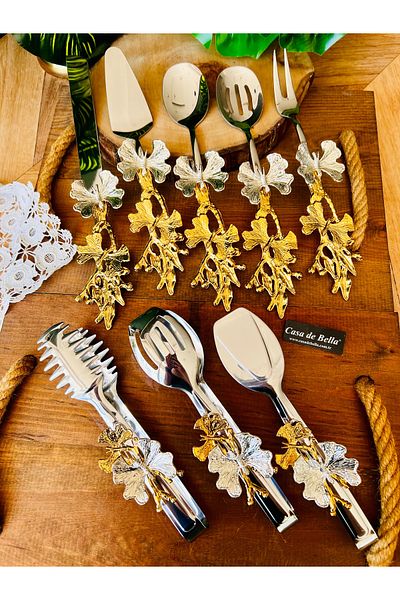 CASA DE BELLA Gold Butterfly Patterned 8 Piece Serving Tongs Set-Silver Tongs
