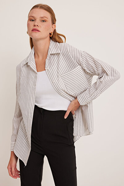 Bigdart Kadın Beyaz Siyah Çizgili Oversize Keten Gömlek 20252