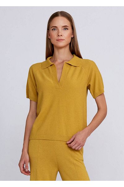 Knitss Top din tricotaj galben cu guler polo amestecat de cașmir