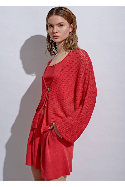 Knitss Shell Buttoned Coral Linen Knitwear Cardigan