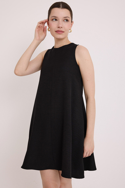 Bigdart Kadın Siyah Mini Keten Elbise 2491