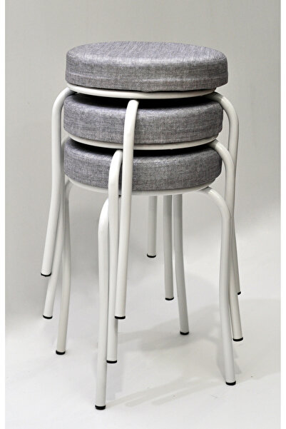 TABURECİM Tabure (3 ADET) Beyaz Ayaklı, Mina Kumaş, Metal Ahtapot Ayak Aygl-289