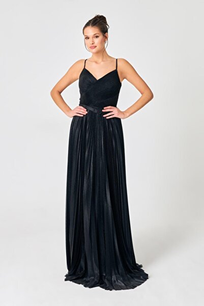 Setre Siyah Gümüş Kemer Ve Pile Detayı V Yaka Uzun Abiye