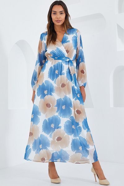 Bigdart Rochie de damă din șifon albastru bej cu modele florale 2134