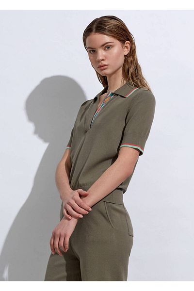Knitss Ethnic Stripe Λεπτομερές Πλεκτό Χακί Μπλουζάκι Polo