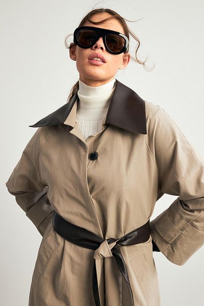 Setre Long Mink Collar and Belt Detailed Trench Coat