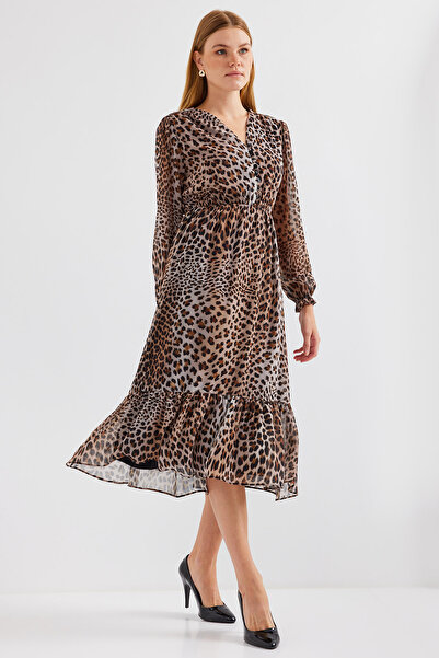 Bigdart Model 2137 vzorované šifonové šaty - hnědé