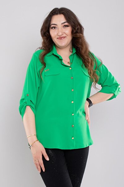 DEE'S 1608 Büyük Beden Cep Kapaklı Truvakar Kol Şifon Düğmeli Gömlek