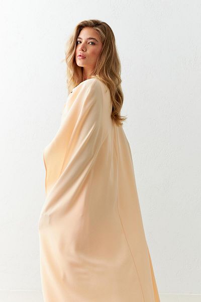 Setre Salmon Color Midi Dress with Cape and Brooch Detail