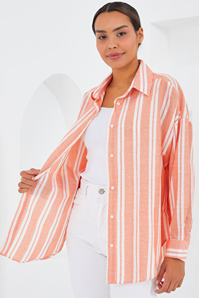 Bigdart Women's Salmon White Striped Oversize Linen Shirt 20251