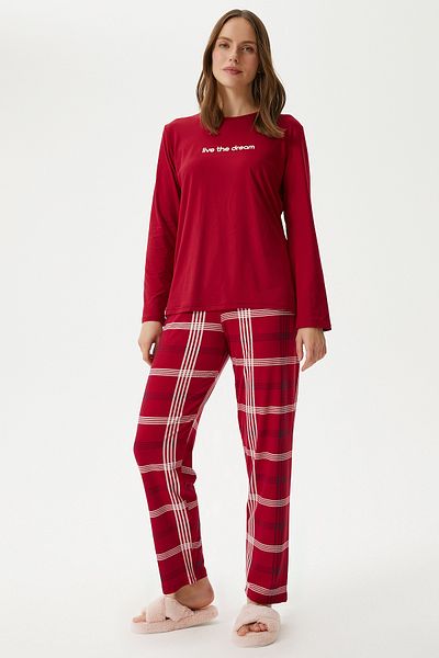 Ritnice Women's Dream Extra Soft Crew Neck Red Pajama Set