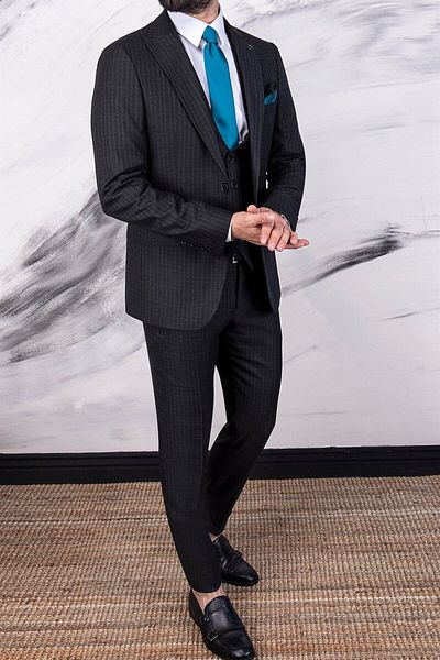 PR PACO ROMANO ART OF FASHİON Men's Slim Fit Pointed Collar Black Striped Vest Suit