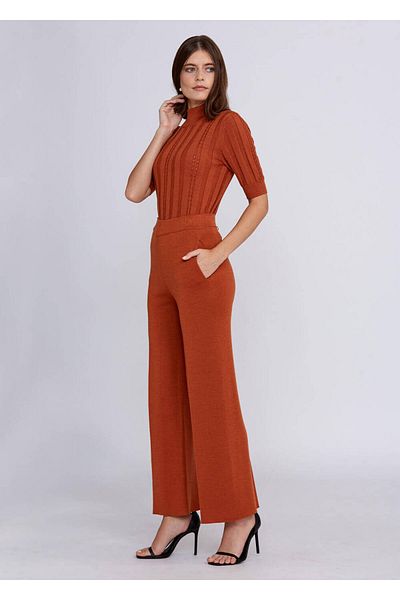 Knitss Pantaloni de tricotaj din lana merinos portocalie cu detaliu de buzunar
