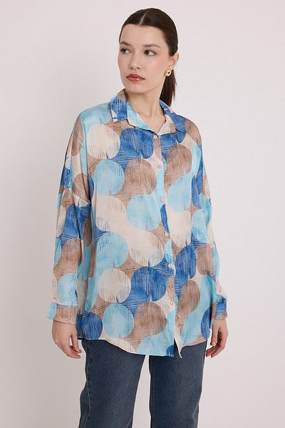 Bigdart Woman's Blue Beige Patterned Oversize Satin Shirt 3985