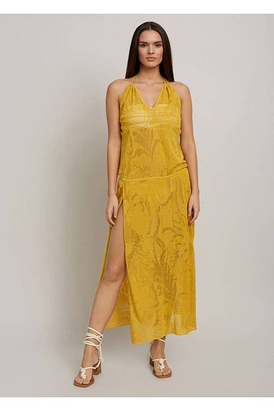 Knitss Rochie de tricotaj galbenă cu model de frunze cu șireturi