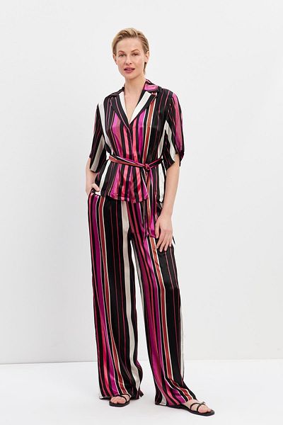 Setre Black-Fuchsia Stripe Detailed Short Sleeve Shirt Set with Comfortable Fit Pants