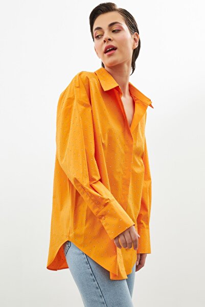 Setre Orange Shirt Collar Long Sleeve Stone Pasting Detailed Button Closure Shirt