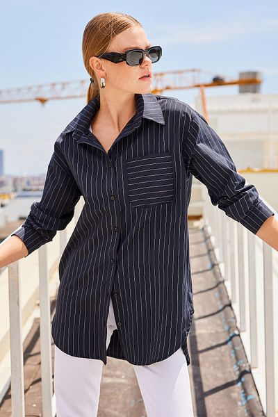 Bigdart 20217 Schwarzes gestreiftes Oversize-Shirt - Taschendetail
