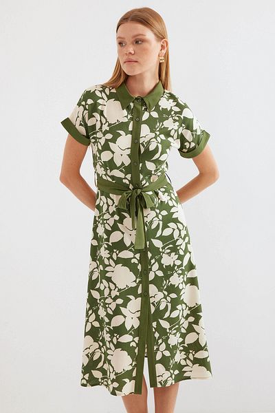 Bigdart 2455 Gemustert - Khakifarbenes Hemdblusenkleid