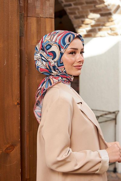 İpekhan Geo Oval Soft Scarf Petrol Blue Pink 1158-09