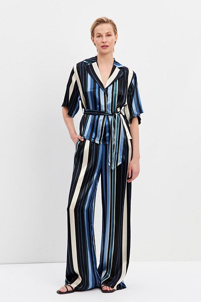 Setre Blue-Black Stripe Detailed Short Sleeve Shirt Set with Comfortable Fit Pants