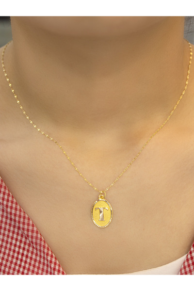 Zeynepli gold & jewelry 14 Ayar Altın Aynalı Oval T Harfli Kolye