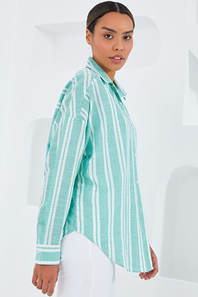 Bigdart Women's Mint Green White Striped Oversize Linen Shirt 20251