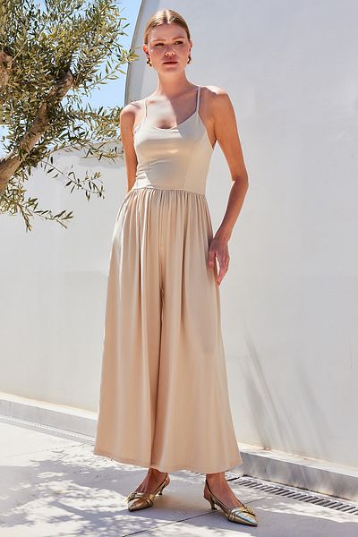Bigdart Beige 7029 Model Wide Leg Strap Jumpsuit