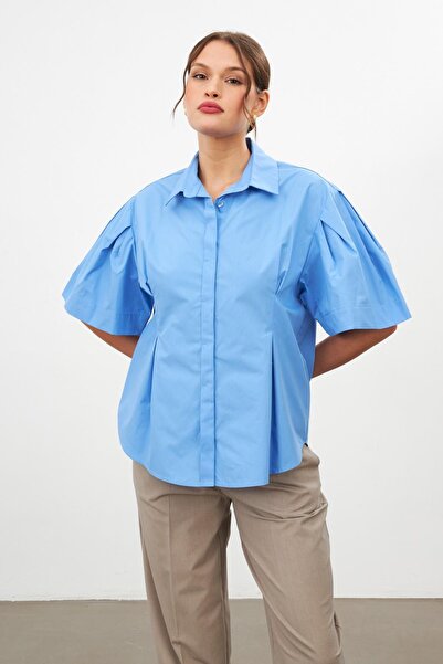 Setre Синя риза с балонен ръкав и детайли