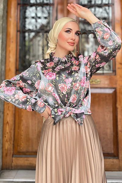 julude Grid Dried Single Pocket Floral μοτίβο Hijab γυναικείο πουκάμισο