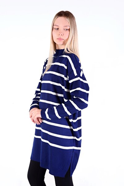 Rays 5415 Model Striped Turtleneck Tunic - Navy