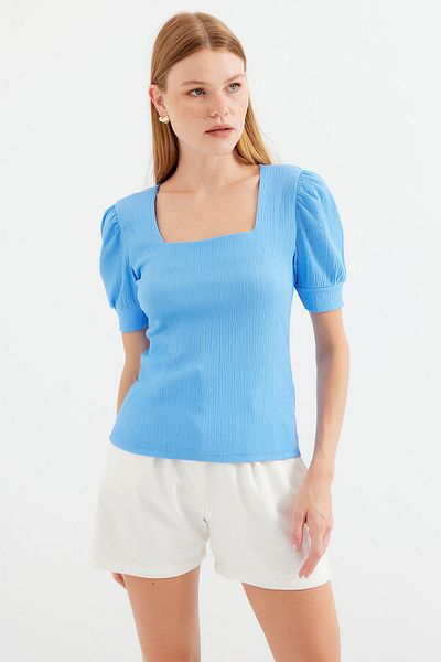 Bigdart 0409 Model Blue Knitted Square Neck Blouse