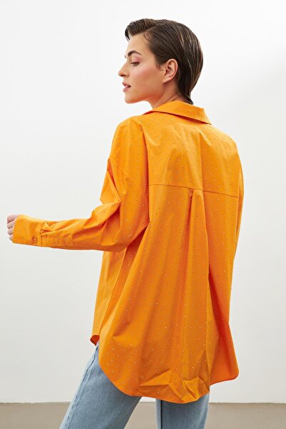 Setre Orange Shirt Collar Long Sleeve Stone Pasting Detailed Button Closure Shirt