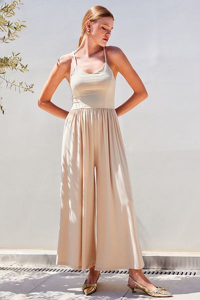 Bigdart Beige 7029 Model Wide Leg Strap Jumpsuit