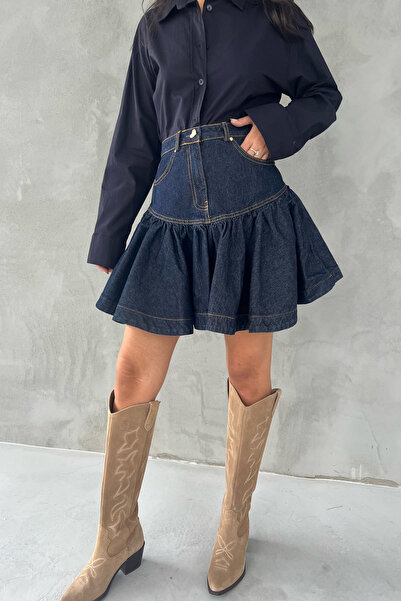 Seda Yalçın Atelier Navy Blue Drenthe Gather Detailed Heart Buttoned Denim Skirt