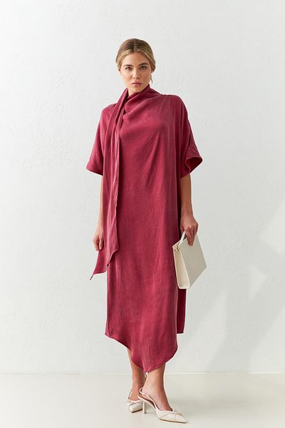 Setre Rochie de culoare burgundă, cu mânecă scurtă, cu decolteu, cu detaliu de șal, cu croială relaxată, lungime midi, cu potrivire confortabilă